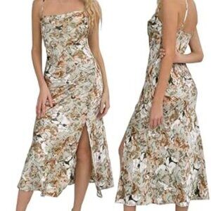 Cantonwalker Satin Spaghetti Straps Cowl Neck Formal Midi Dress